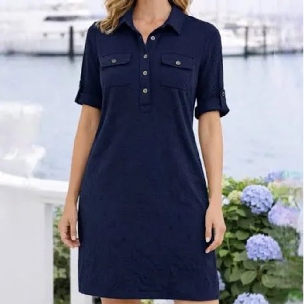 J.McLaughlin Navy Blue Leopard Jacquard Polo Shift Dress Size L Short Sleeve